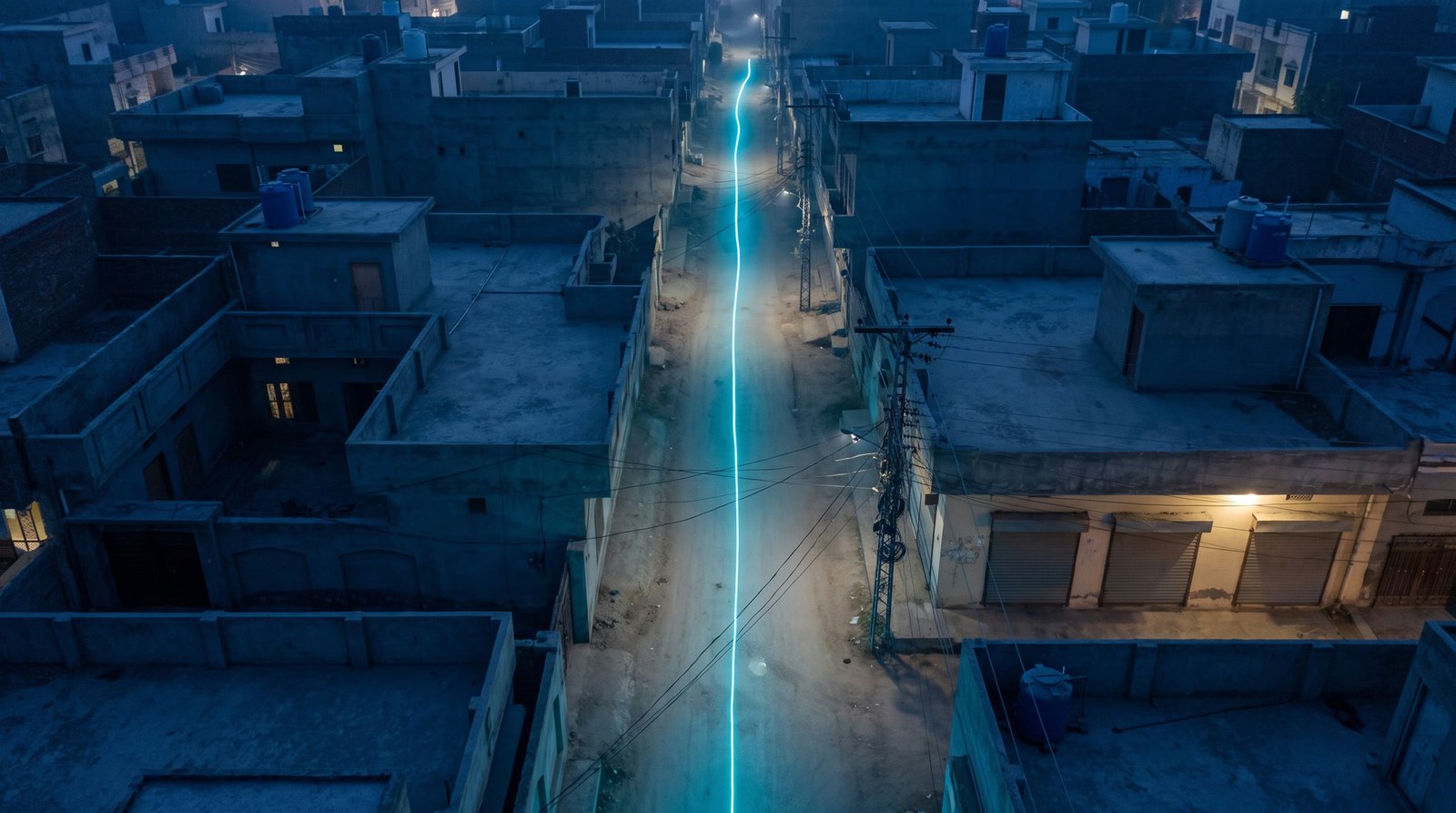 A thread of cyan light drawn along a dark street at dusk, the survey